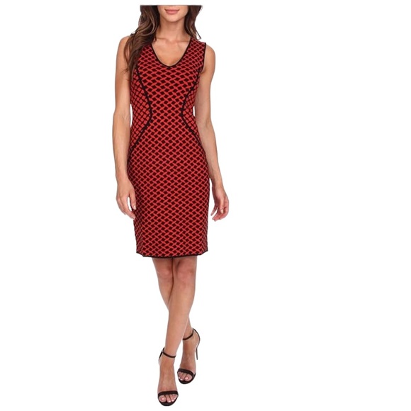 NYD J Cecelia jacquard knit red black midi sweater dress size 14 - Picture 1 of 10